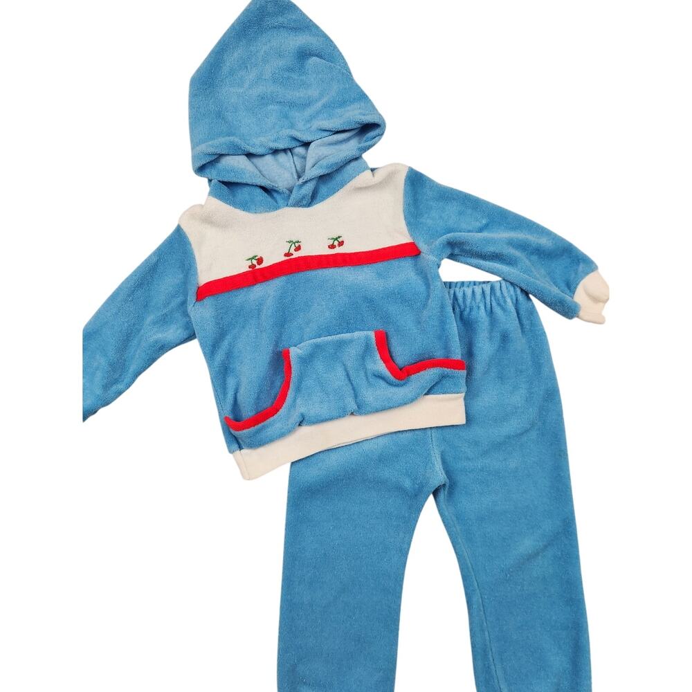 Vintage 80s 90s 2T Blue Velour Cherry Hoodie Tracksuit Retro Toddler Lounge Set